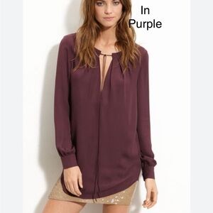 HAUTE HIPPIE 100% silk blouse georgette top long sleeves front ties purple large
